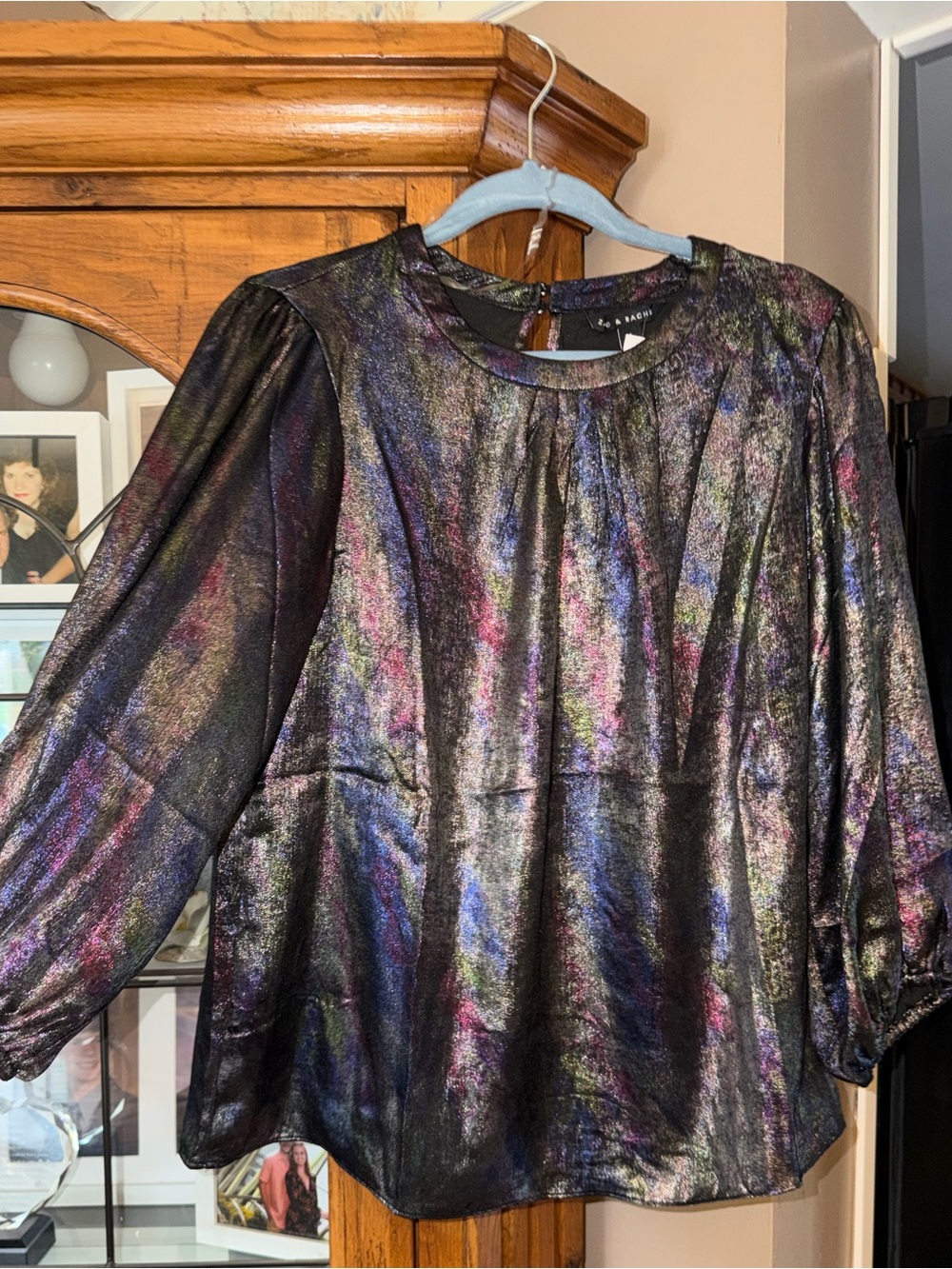 NWT NEW LARGE Metallic Multicolor Puff-Sleeve Blouse GORGEOUS